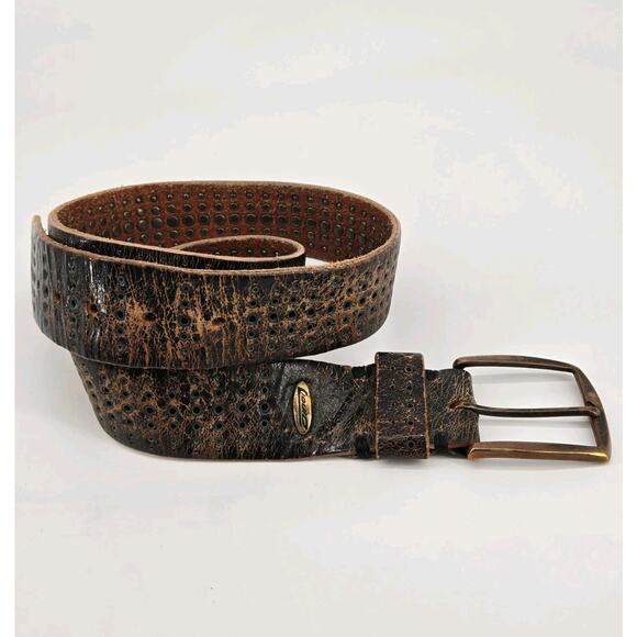 Liquid Crackled Distressed Brown Leather Grommets Rocker Biker Belt Mens Sz 36 - Picture 1 of 16